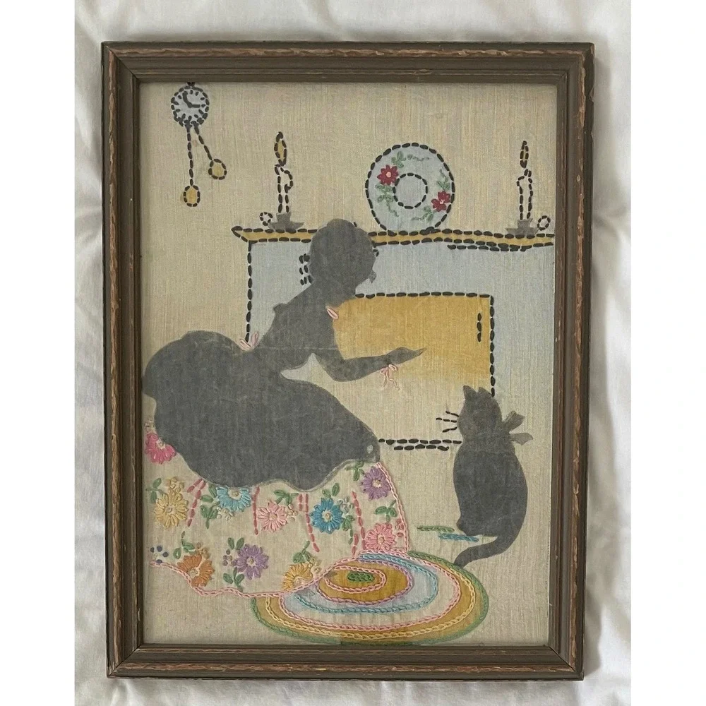Vintage Hand Embroidered Silhouette Victorian Women Cat Framed Wall Folk Art 20t
